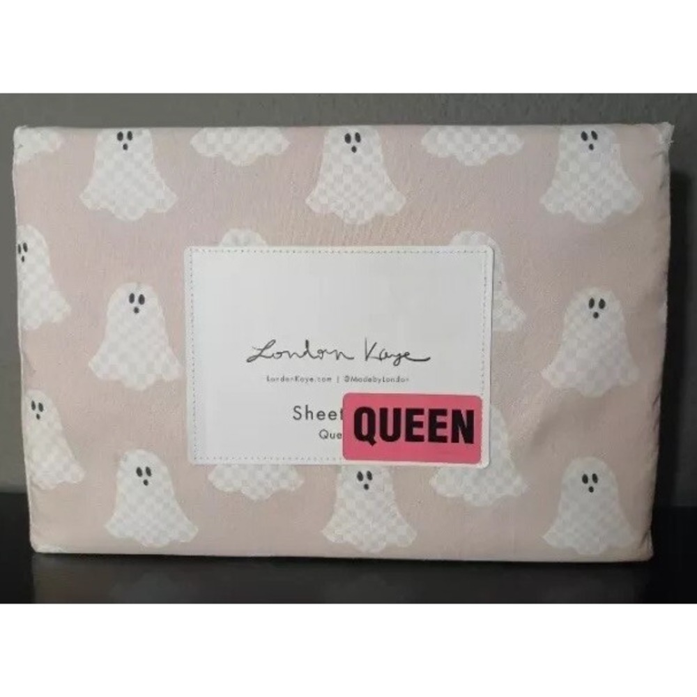 London Kaye Halloween Ghost Dust Pink 4pc Queen Sheet Set  NEW FAST SHIP RARE